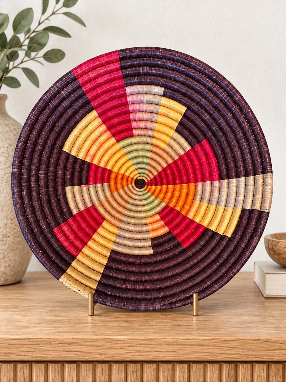 12” Handwoven Boho Basket Geometric Sunburst Colorful Southwest Decor